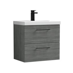 Balterley Wall Hung Bathroom 2 Drawer Vanity Unit and 1 Tap Hole Ceramic Basin, with Handles Grey Anthracite Woodgrain