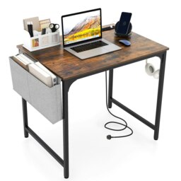 COSTWAY Computer Desk Office Desk w/ Charging Station Brown Brown
