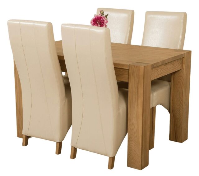 Kuba 125 x 80 cm Chunky Oak Small Dining Table and 4 Lola Leather Chairs Cream Cream