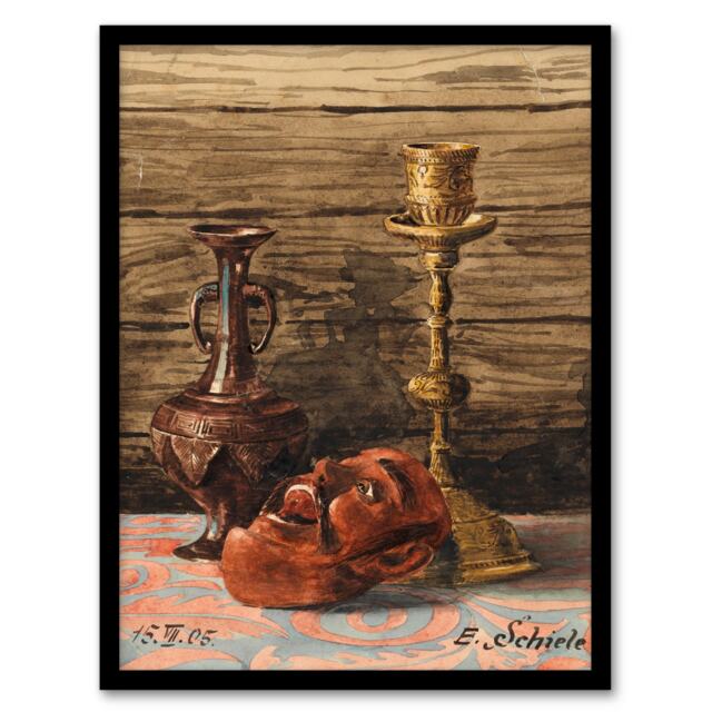 Egon Schiele Framed Wall Art Candlestick Vase and Mask Still Life Home Décor