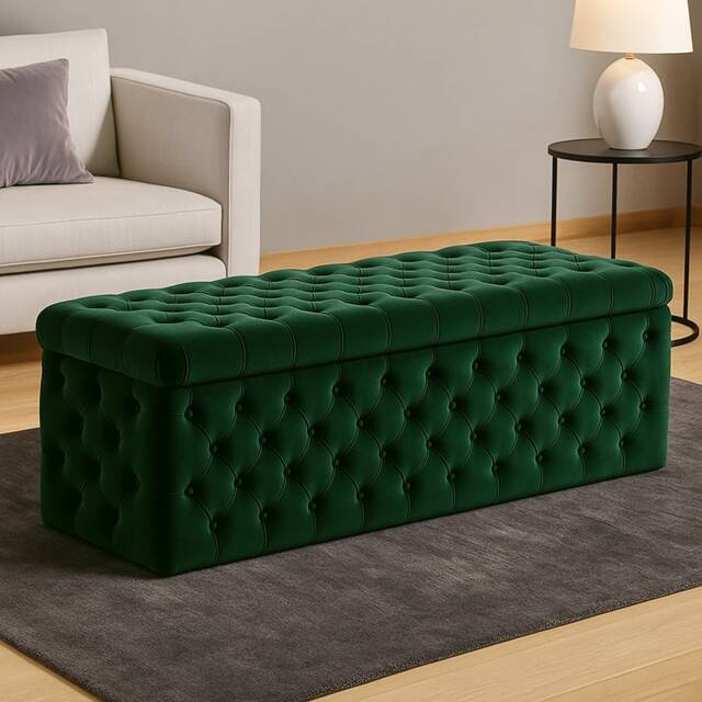 120cm Wide Lux Ottoman Storage Box, Forest Green Velvet Upholstered Chesterfield Storage Ottoman Box