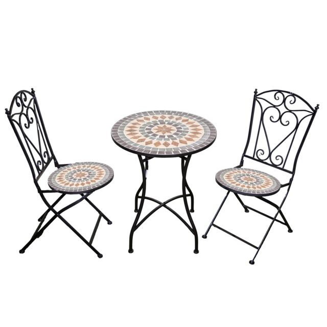 Marrakech Mosaic Bistro Set with Folding Chairs, Outdoor Ceramic Table and Metal Frame for Patio and Garden