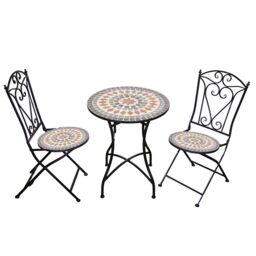 Marrakech Mosaic Bistro Set with Folding Chairs, Outdoor Ceramic Table and Metal Frame for Patio and Garden