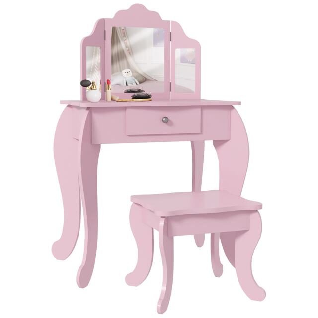HOMCOM Kids Vanity Table and Chair Set, Girls Vanity Set with Tri-Folding Mirror and Stool, Makeup Dressing Table with Drawer, Pink Pink Pink 2