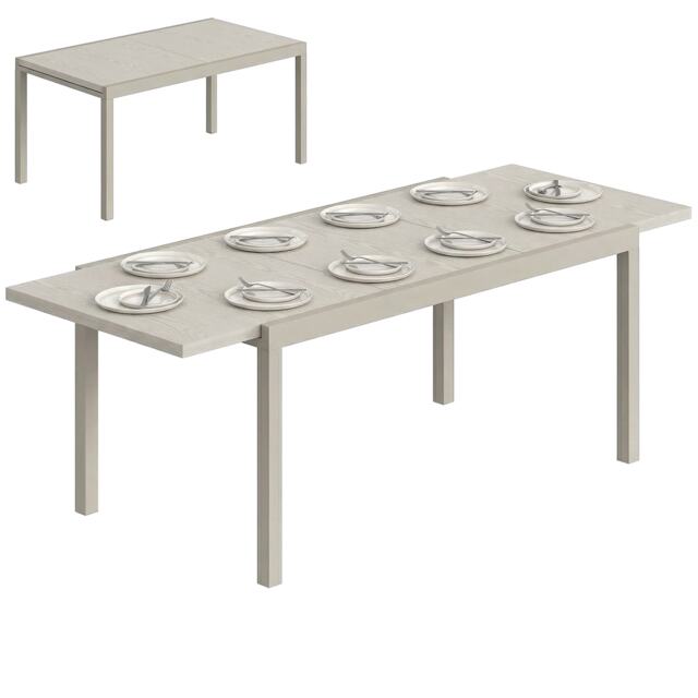 Outsunny Extending Garden Table, Aluminium Outdoor Dining Table for 8-10 Grey Light Grey Wood Effect 214 x 85 x 75 cm (extended) 154 x 85 x 75 cm (closed)