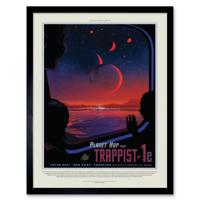 "NASA Space Travel Advert Trappist 1E Planet Hop 12x16"" Framed Wall Art Print"