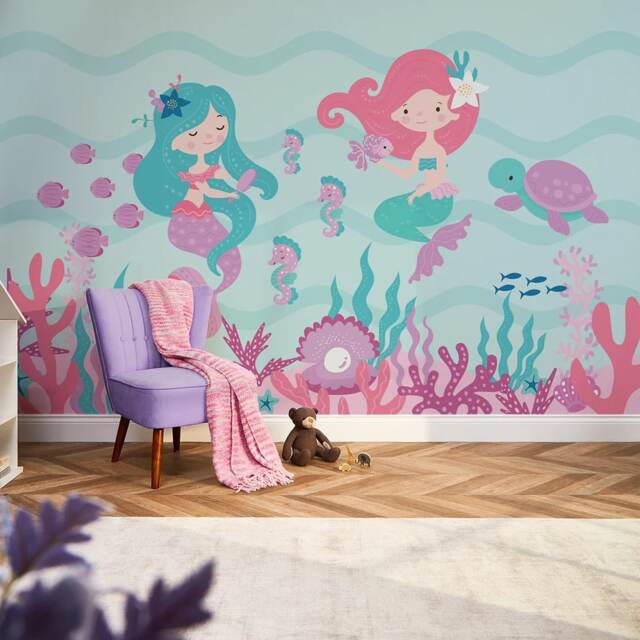 The Magical Mermaids Full Wall Mural in Pink and Teal Pink Pink And Teal Extra Large (350cm x 240cm)