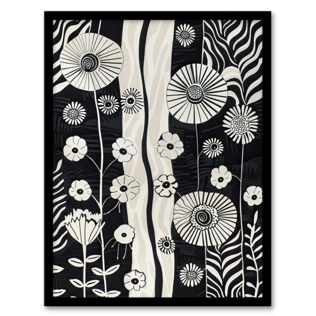 Wildflower Garden White Stripes Abstract Black Framed Wall Art Print A4