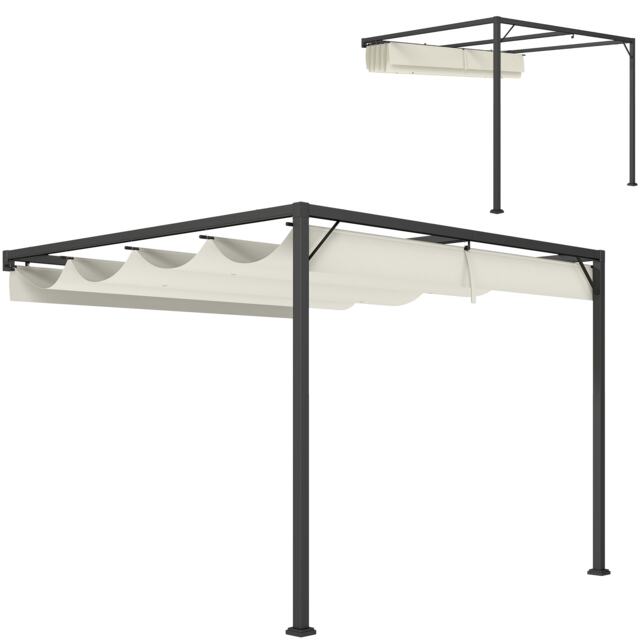 Outsunny 3 x 3(m) Outdoor Pergola Retractable Canopy Wall Mounted, Cream Cream 1