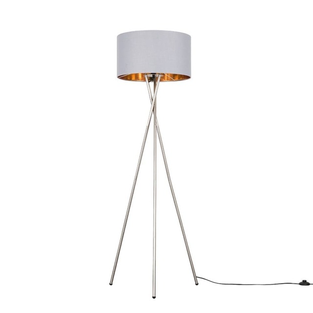 ValueLights Camden Brushed Chrome Tripod Floor Lamp Grey Gold Shade and Bulb