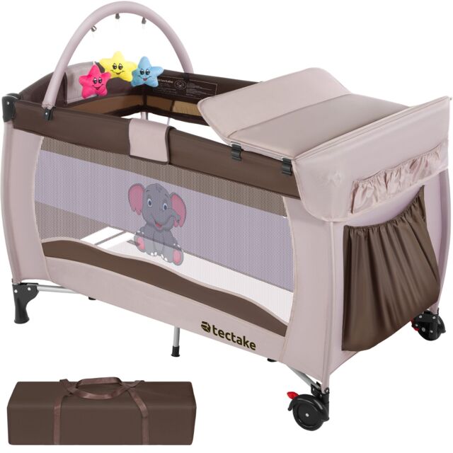 Travel Cot Elephant - foldable, with changing mat, children up to 36 months Brown brown 132 x 75 x 104 cm 1