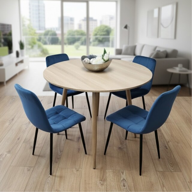 Modern Round Dining Table Set With 4 Blue Velvet Chairs Dining Room Furniture
