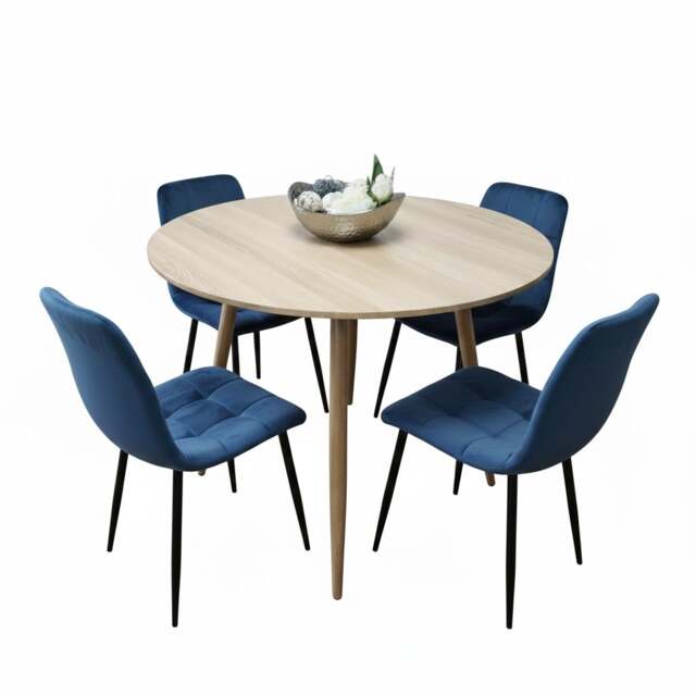 Modern Round Dining Table Set With 4 Blue Velvet Chairs Dining Room Furniture