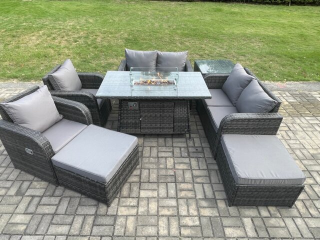 Fimous 8 Seater Rattan Garden Furniture Set Outdoor Propane Gas Fire Pit Table and Sofa Chair set with Side Table 2 Big Footstool