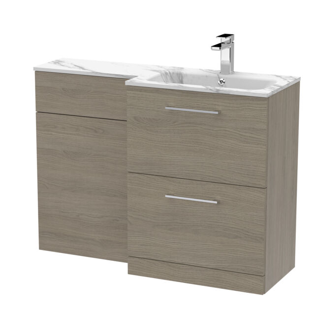 Balterley Bramshall Contemporary Floor Standing 2 Drawer Vanity Basin WC Combination Unit, Carrera Marble Stone Basin, Right Hand, 1100mm, Solace Oak