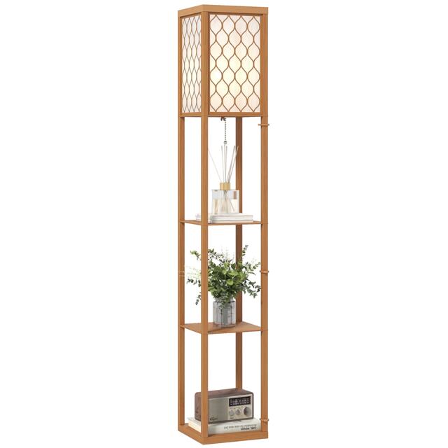 HOMCOM Modern Floor Lamp Light with 3 Shelves Fabric Lampshade Natural Brown