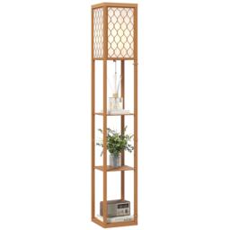 HOMCOM Modern Floor Lamp Light with 3 Shelves Fabric Lampshade Natural Brown