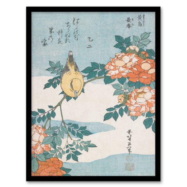 Katsushika Hokusai Framed Wall Art Print Bush Warbler And Roses Home Décor
