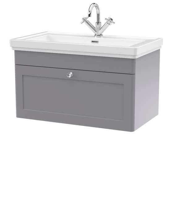 Balterley Classic Traditional Bathroom Wall Hung 1-Drawer Vanity Unit & Fireclay Basin Grey Satin Grey