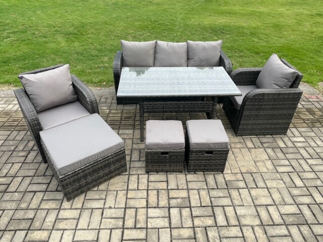 Fimous 8 Seater Rattan Outdoor Garden Furniture Set Rectangular Dining Table and Chair Sofa Set With 3 Footstools Dark Grey Mixed