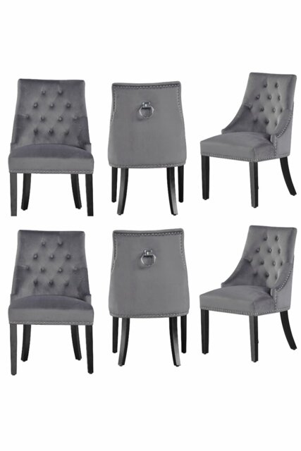 Set of 6 Dark Grey Windsor Velvet Dining Chair Ergonomic Scoop Knockerback & Button Tufted Wood Legs Grey Dark Grey