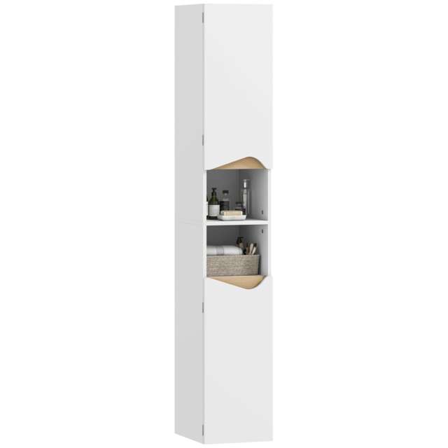 HOMCOM Tall Bathroom Cabinet, Modern Slim Bathroom Storage Cabinet with 2 Doors and 2 Open Compartments, Adjustable Shelves, Freestanding Narrow Storage Cupboard, 30 x 35 x 181 cm, White