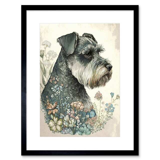"Grey Schnauzer Dog Spring Flowers Boho Watercolour 9x7"" Black Framed Wall Art Print"