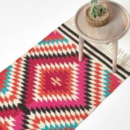 Homescapes Manila Handwoven Diamond Kilim Wool Hall Runner - 66 x 200 cm Pink Pink, orange, blue, white and black