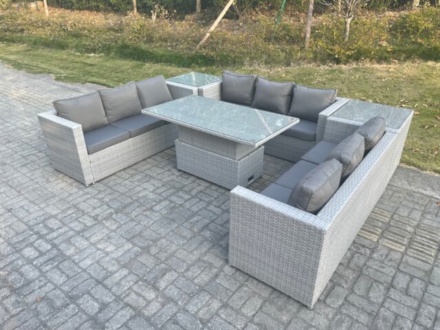 Fimous U Shape Lounge Rattan Garden Furniture Set Adjustable Rising Lifting Table Dining Set With 2 PC Side Coffee Tea Table Stool