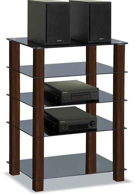 Centurion Supports TRINITY Gloss Black 5 Shelf with Walnut Legs Flat Screen TV Rack Glass Stand Multi 1