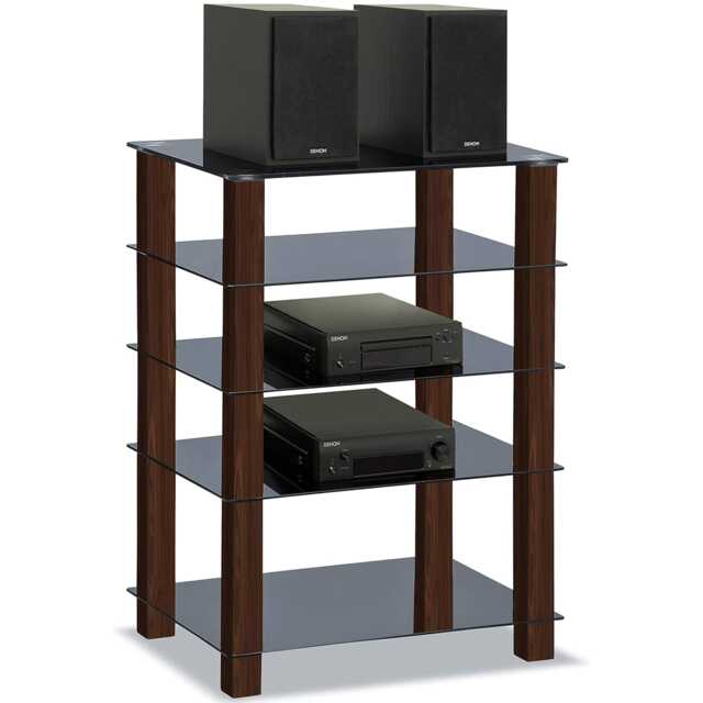 Centurion Supports TRINITY Gloss Black 5 Shelf with Walnut Legs Flat Screen TV Rack Glass Stand Multi 1