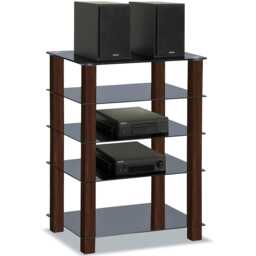 Centurion Supports TRINITY Gloss Black 5 Shelf with Walnut Legs Flat Screen TV Rack Glass Stand Multi 1