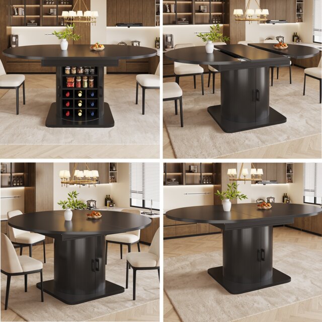 VILUXE 118-158 cm Extendable Dining Table with Hidden Storage, Removable Shelves and Glass Holder, Black