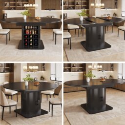 VILUXE 118-158 cm Extendable Dining Table with Hidden Storage, Removable Shelves and Glass Holder, Black