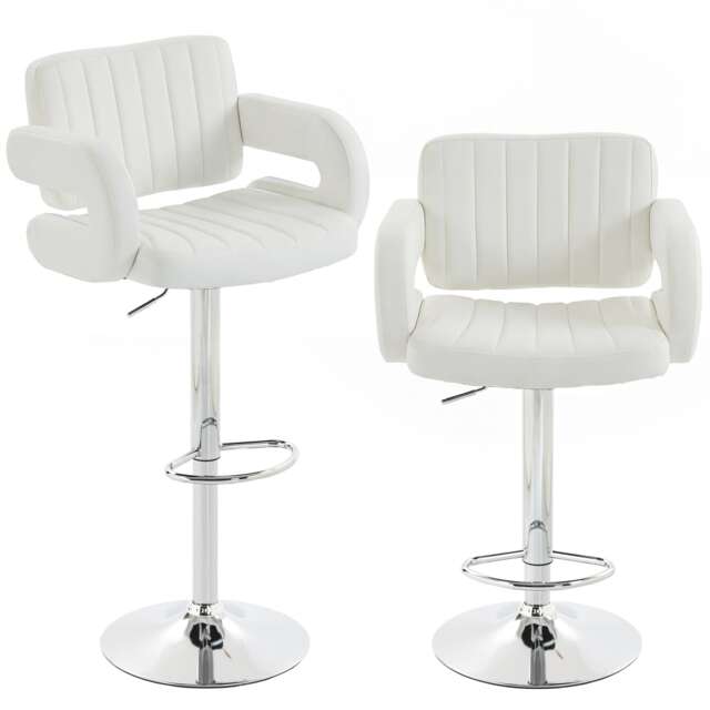 HOMCOM Bar Stools Adjustable Swivel with Armrest Set of 2 White White, Silver Tone 57.5 x 50 x 90-115 cm