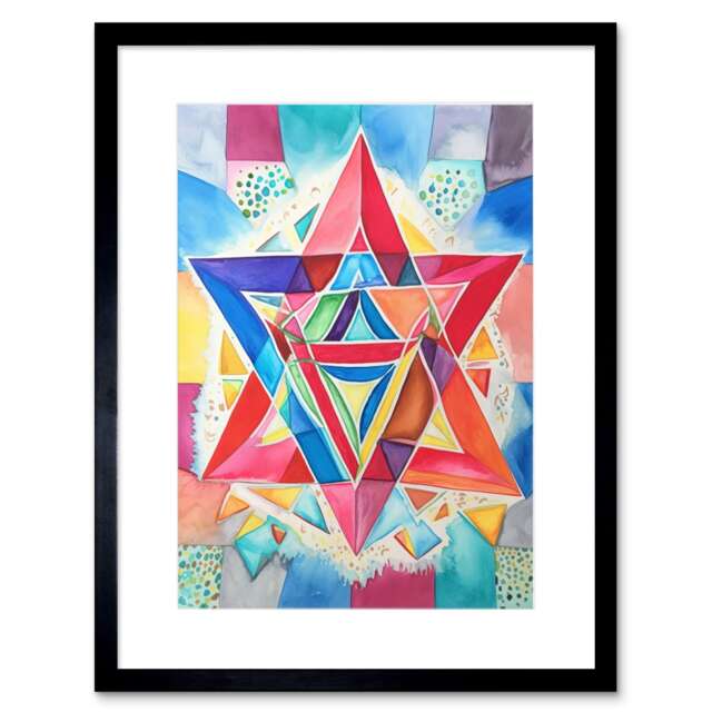 "Jewish Star Of David Folk Art Watercolour 9x7"" Black Framed Wall Art Print"