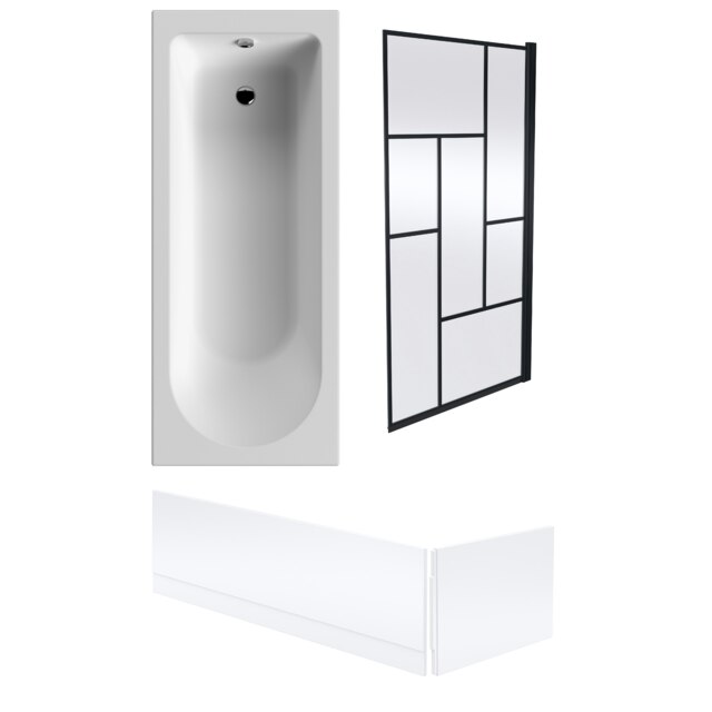 Round Single Ended Bath, Black Framed Abstract Screen and Panels - 1700 x 700mm White