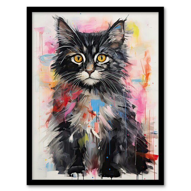 Kitten Colourful Oil Bright Baby Cat Black Framed Wall Art Print A4
