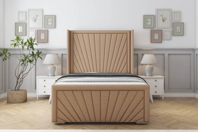 "Sloomy Rutherford Latte Dumfries Bed Frame With Mattress With 50"" Upholstered Wingback Headboard 2'6 Small Single"