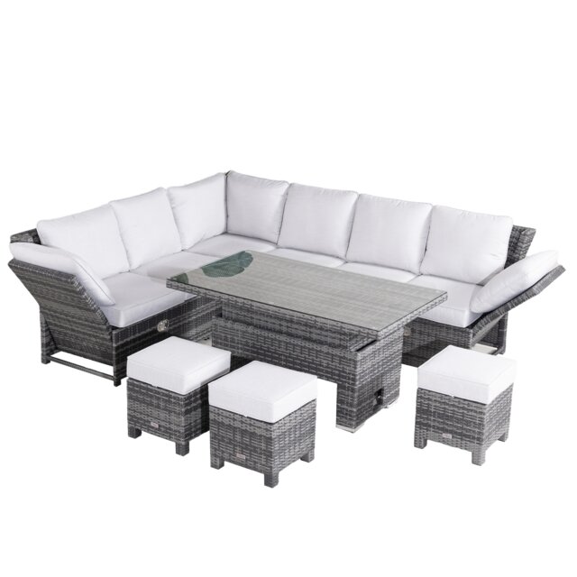 Direct Wicker 8 Seater Rattan Aluminium Outdoor Corner Sofa Set, Garden Rising Table, 2 Three Seaters with Adjustable Armrests, 3 Ottomans Grey Five Plus Seater