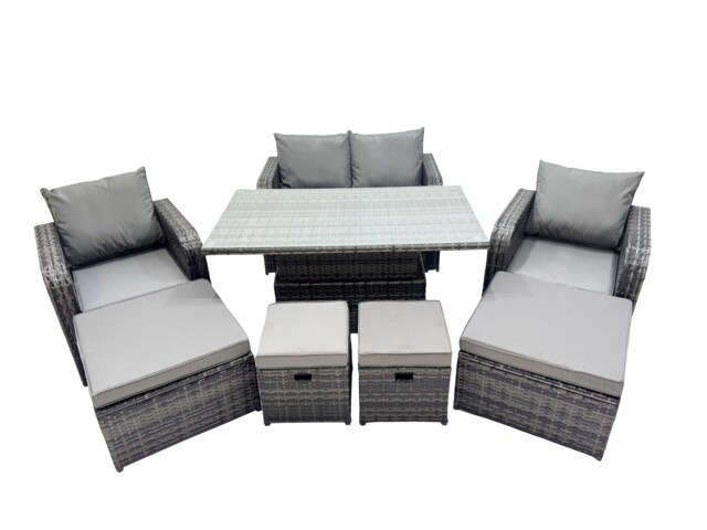 Fimous 8-seater Patio Height Adjustable Rising Lifting Table Sofa Sets Rattan Garden Furniture Dining Set with 4 Footstool Dark Grey Mixed