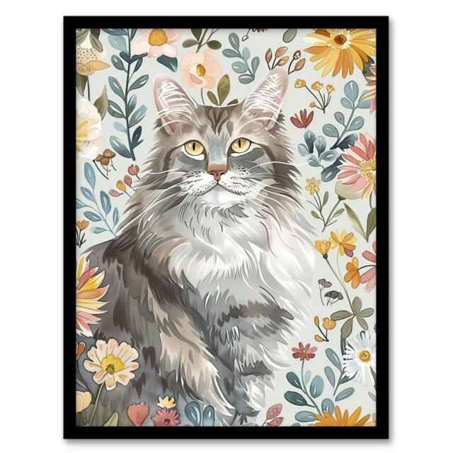 Cat Lover Maine Coon Boho Floral Pet Portrait Black Framed Wall Art Print A4