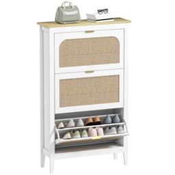 HOMCOM Boho Slim Shoe Cabinet with Rattan Doors, Holds 21 Pairs, White