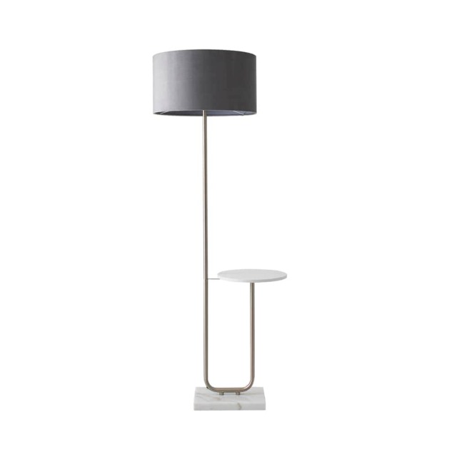 ValueLights Tavel Brushed Chrome Floor Lamp Grey Velvet Shade and Bulb