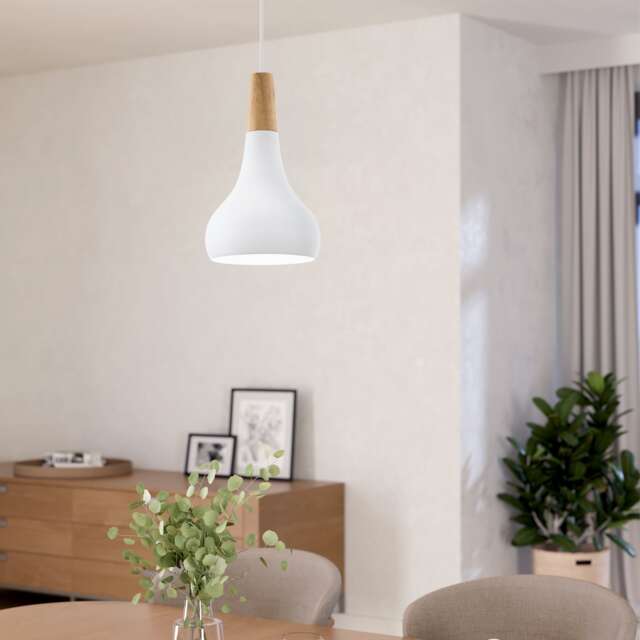EGLO Sabinar Metal and Wood Single Pendant Light, 18cm