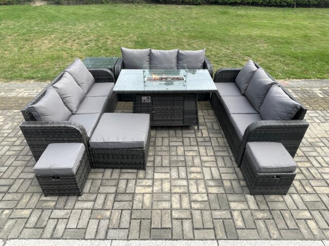 Fimous Outdoor Rattan Furniture Garden Dining Set Gas Fire Pit Table With Side Table Lounge Sofa 3 Footstool
