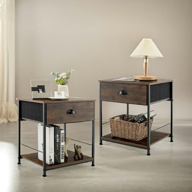 Set Of 2 Industrial Bedside Nightstand Tables With Drawer Brown Brown