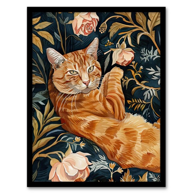 Cat Lover Moggie Pet in Rose Garden Watercolour Black Framed Wall Art Print A4