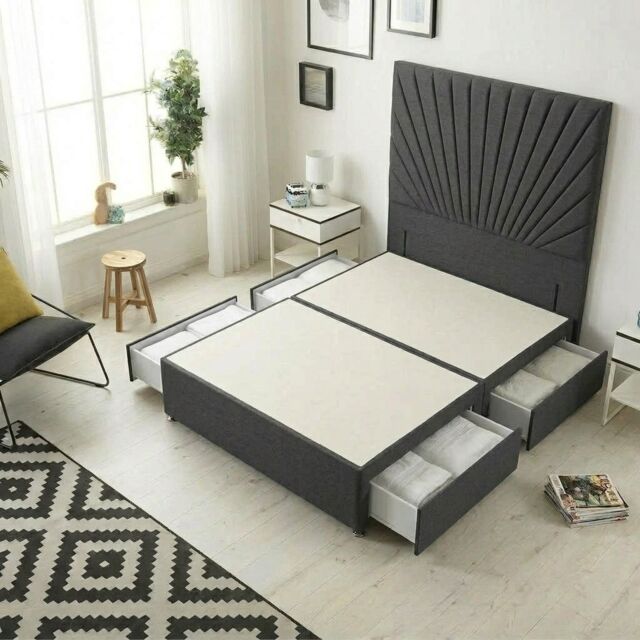 Sunburst Divan Bed with 4 Drawers & 54'' Floor Standing Headboard Linen Fabric Grey Grey