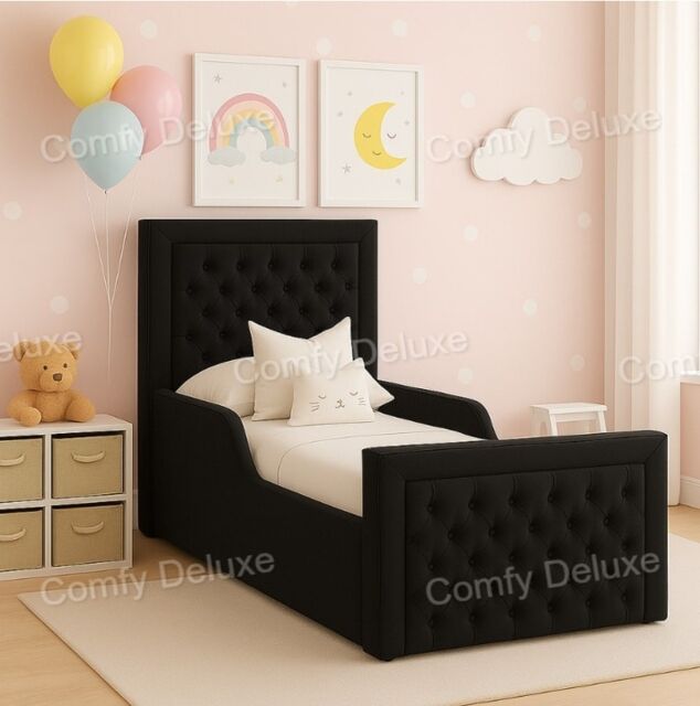 Children's 4ft Black Plush Studded Bed Frame